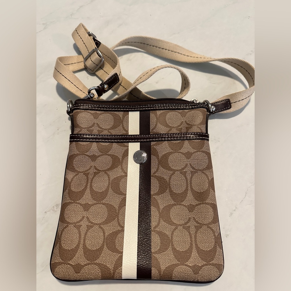 Coach Brown and Cream Crossbody Bag with Signature Monogram